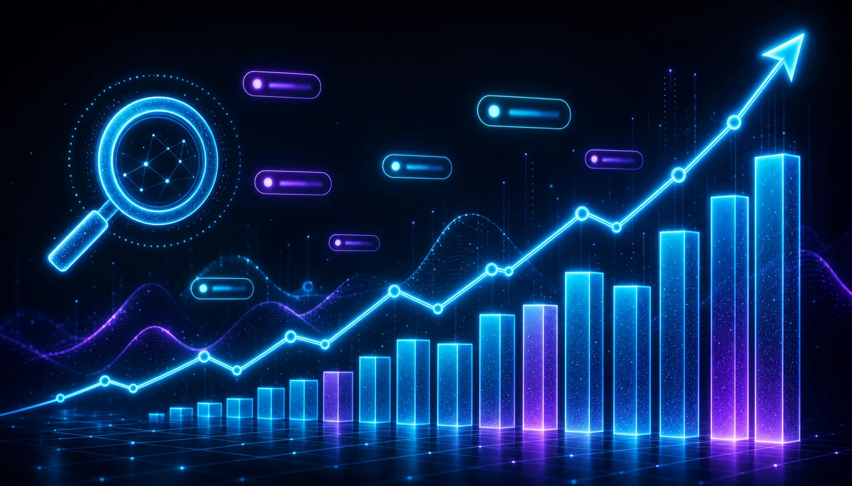 Neon analytics chart and search icon representing SEO growth and digital marketing