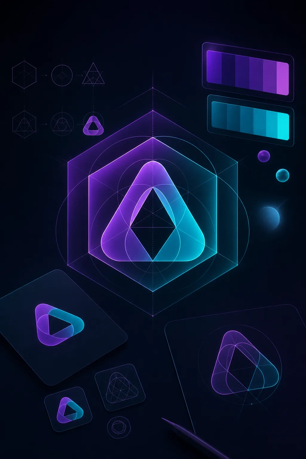 Neon brand identity mockup with logo construction and color systems